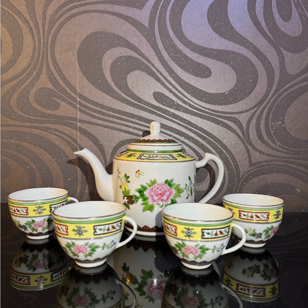 Vintage Chinese porcelain Jingdezhen Famile Rose pomegranate tea set 1960s - Picture 4 of 9